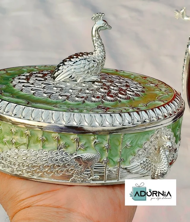 German Silver Round Peacock Enamel Dryfruit Box - Single Piece