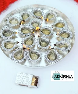 German Silver Mahalakshmi Aarti Thali Set - 16 Diyas, 12 Inch Thali