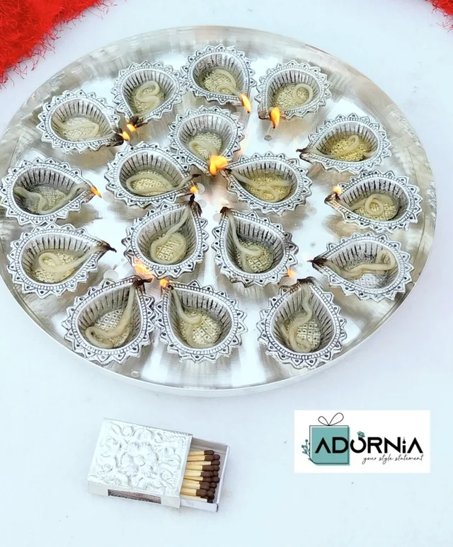 German Silver Mahalakshmi Aarti Thali Set - 16 Diyas, 12 Inch Thali