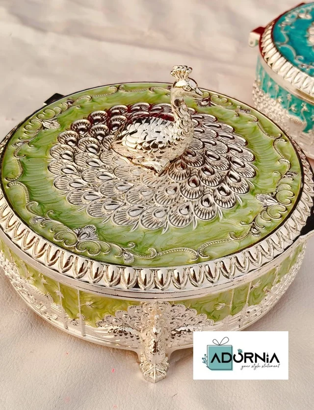 German Silver Round Peacock Enamel Dryfruit Box - Single Piece