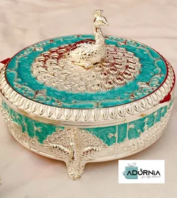 German Silver Round Peacock Enamel Dryfruit Box - Single Piece