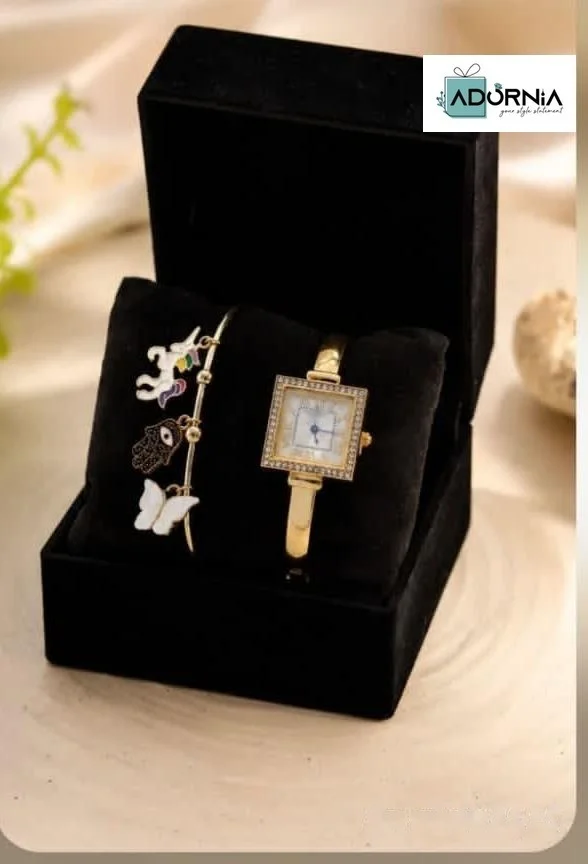 Gold-Tone Square Watch and Charm Bracelet Gift Set