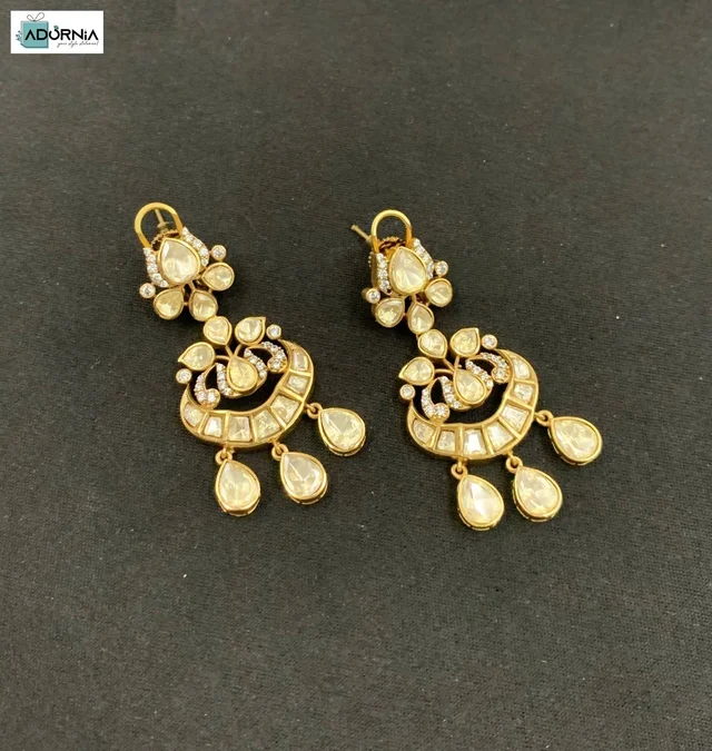 Gold-Tone Moissanite Polki Three-Drop Chandbali Earrings