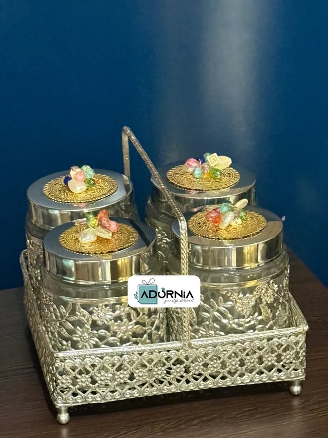 German Silver Floral 4 Jar Set with Basket
