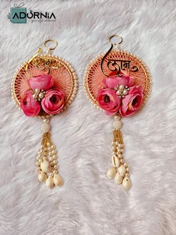 Shubh Labh String Art Rose Hanging Pair with Cowrie Tassels - Red
