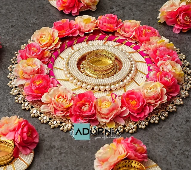 Tea Light Rangoli Platter with 6 Holders - Pink Floral