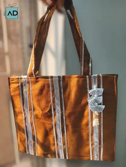 Premium Fabric Gift Bag with Silver Leaf Latkan - Gold, MOQ 10