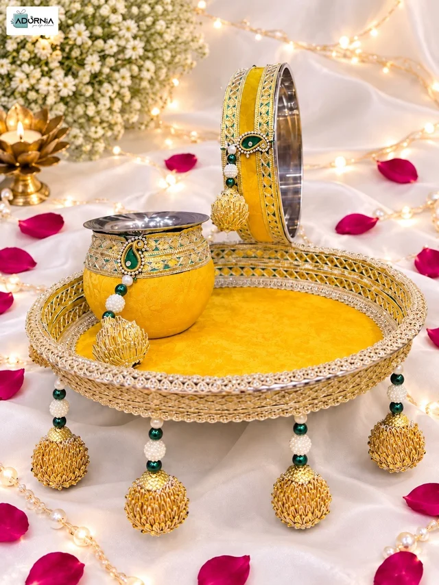 Yellow Embellished Karwa Chauth Pooja Thali Set with Channi and Kalash