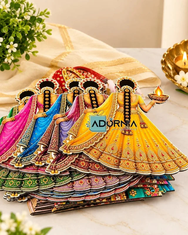 Diya Lady Wall Decoration Cutouts - 6 Inch, Packet of 9 Colours