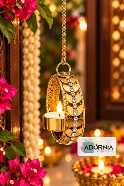 Golden Metal Round Hanging Tea Light Holder with Crystal Chain - 12 Inches