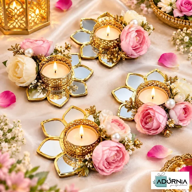 Mirror Lotus Floral T-Light Holder
