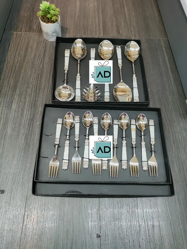 Mother Of Pearl Spoon And Fork Set With Brass Handles