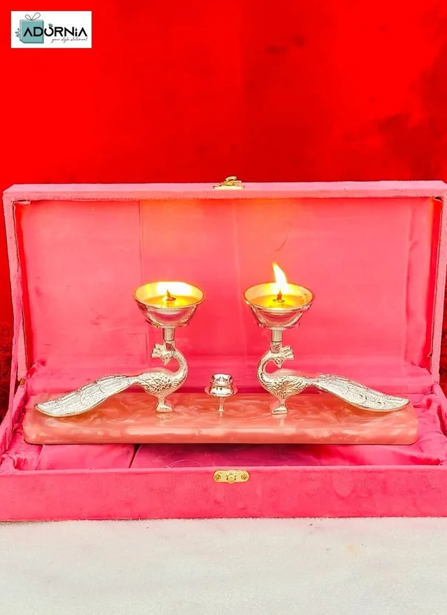 German Silver Double Peacock Diya With Agarbatti Stand And Pink Resin Base - Single Piece