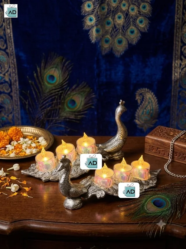 Peacock Three Compartment Tealight Stand Pair - Silver-Plated Aluminium