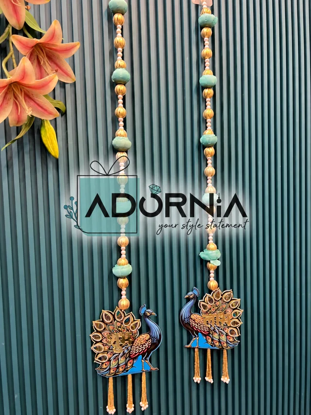 Long Peacock Shubh Labh Hanging Pair With Pearl Beads
