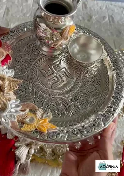 German Silver Karwa Chauth Puja Thali Set with Patola Cover