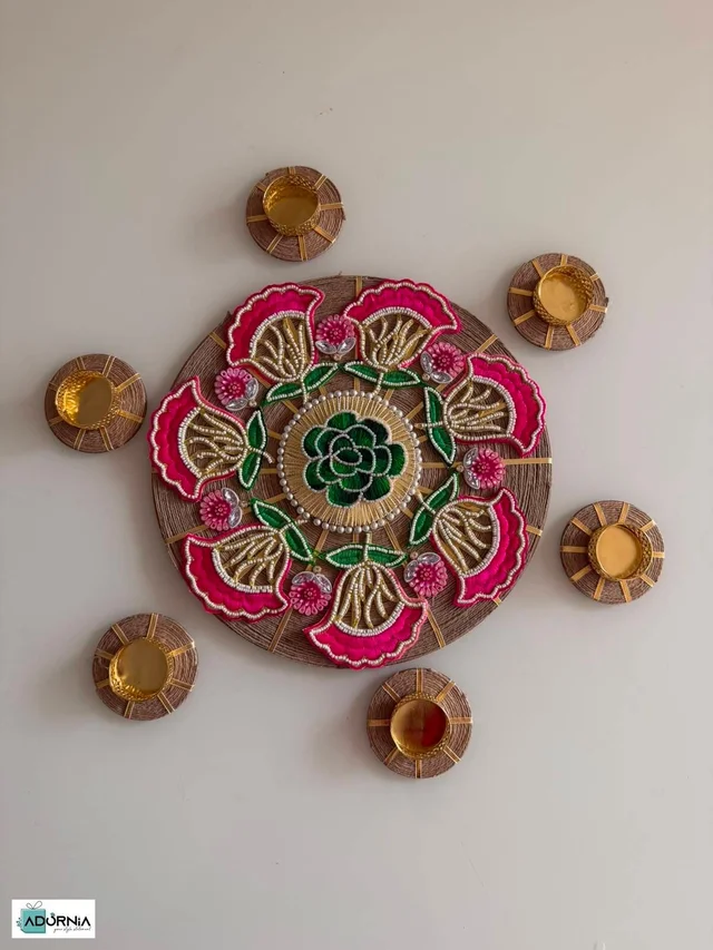 Rangoli on MDF Jute Base 10 Inch with 6 Diya Holders