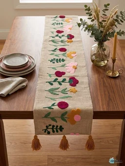 Embroidered Table Runner with Tassels - 13 x 72 inches - Mustard Floral Vine