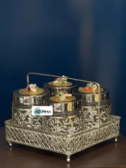 German Silver Floral 4 Jar Set with Basket