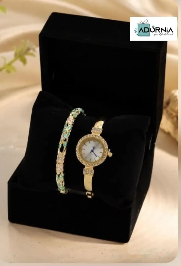 Gold-Tone Round Watch and Mint Floral Bangle Gift Set
