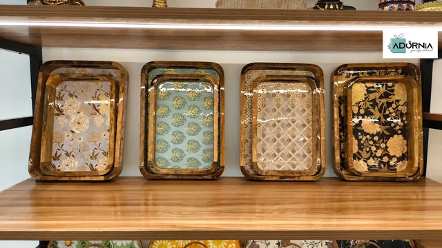 Mango Wood Digital-Print Serving Trays - Set of 2 - Cream Floral