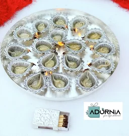 German Silver Mahalakshmi Aarti Thali Set - 16 Diyas, 12 Inch Thali