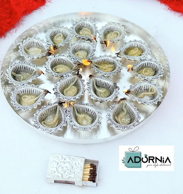 German Silver Mahalakshmi Aarti Thali Set - 16 Diyas, 12 Inch Thali