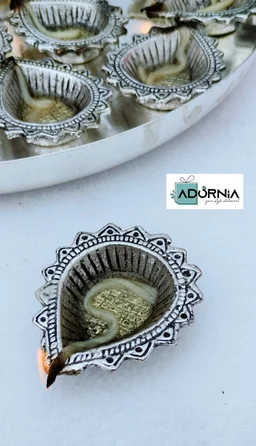 German Silver Mahalakshmi Aarti Thali Set - 16 Diyas, 12 Inch Thali