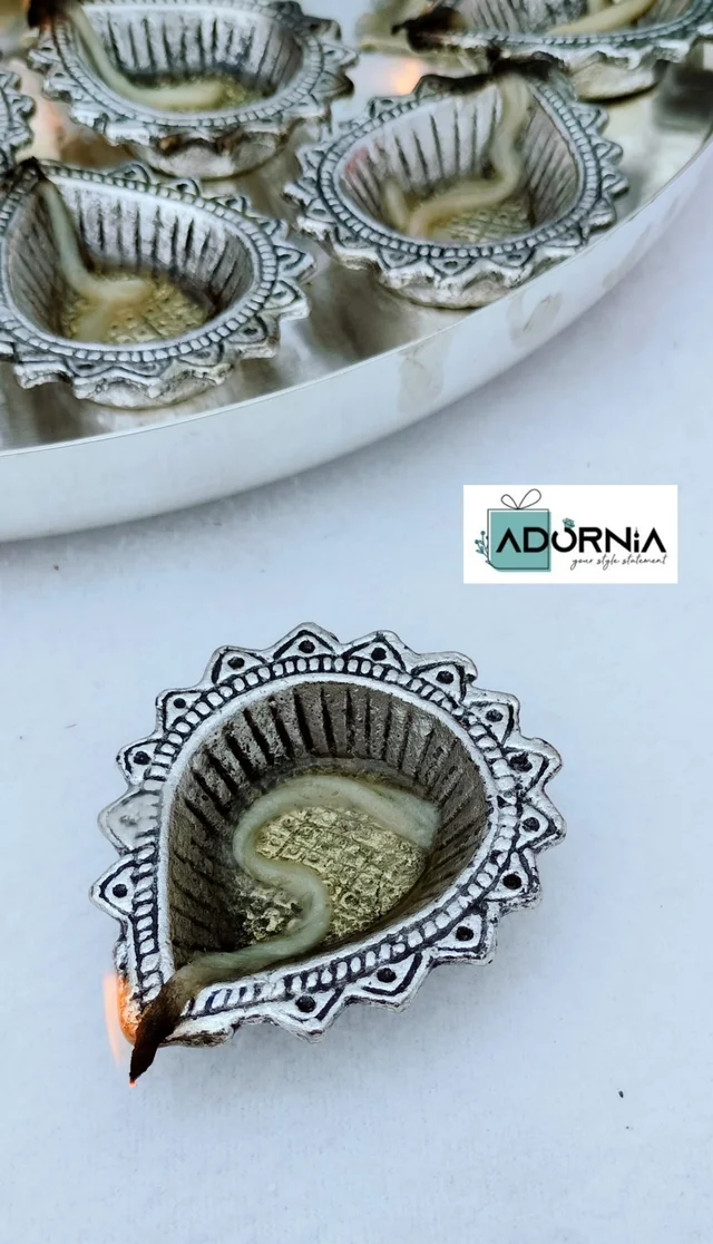 German Silver Mahalakshmi Aarti Thali Set - 16 Diyas, 12 Inch Thali