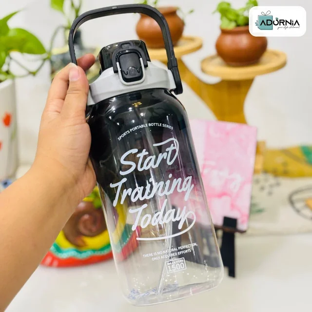 Sports Gym Bottle 1500 Ml Dual Mouth With Sling Belt - Black Grey