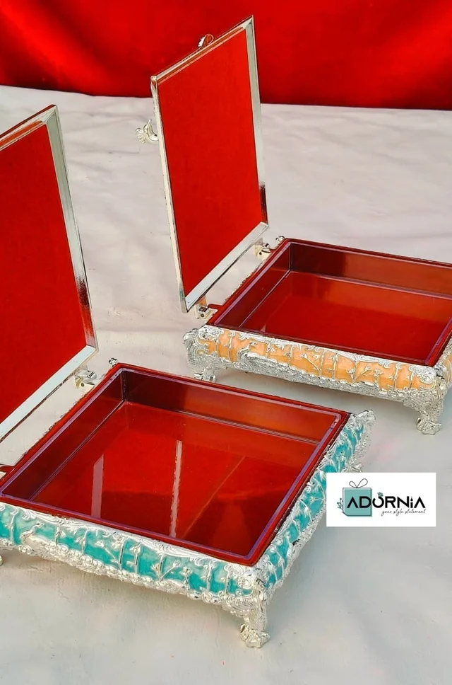 German Silver Square Peacock Enamel Dryfruit Box - Single Piece