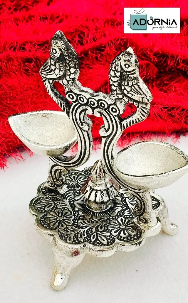 Antique German Silver Double Parrot Diya - 7 Inch