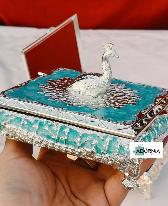 German Silver Square Peacock Enamel Dryfruit Box - Single Piece