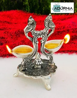 Antique German Silver Double Parrot Diya - 7 Inch