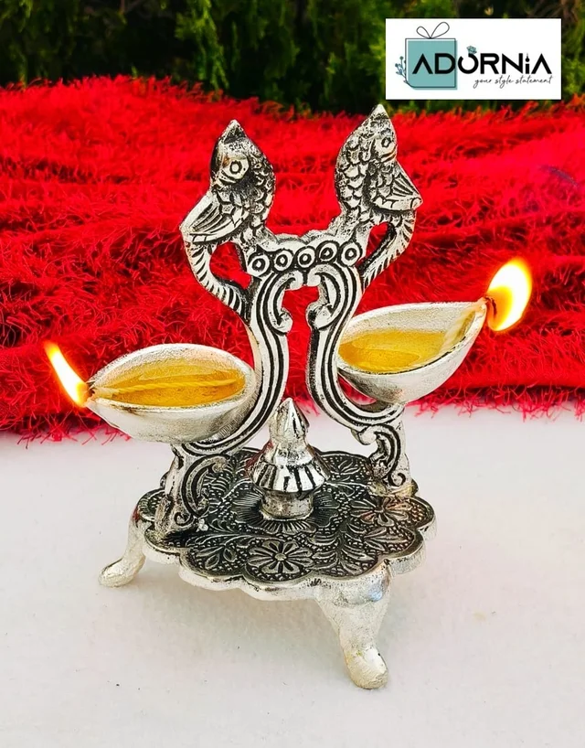 Antique German Silver Double Parrot Diya - 7 Inch