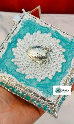 German Silver Square Peacock Enamel Dryfruit Box - Single Piece
