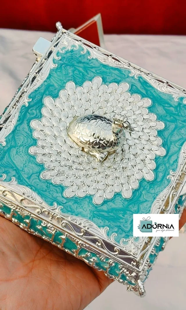 German Silver Square Peacock Enamel Dryfruit Box - Single Piece