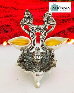 Antique German Silver Double Parrot Diya - 7 Inch