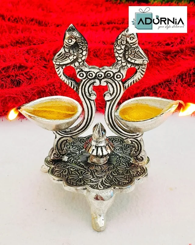 Antique German Silver Double Parrot Diya - 7 Inch