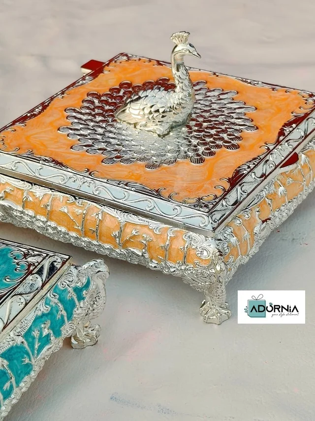 German Silver Square Peacock Enamel Dryfruit Box - Single Piece
