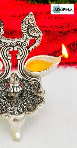 Antique German Silver Double Parrot Diya - 7 Inch