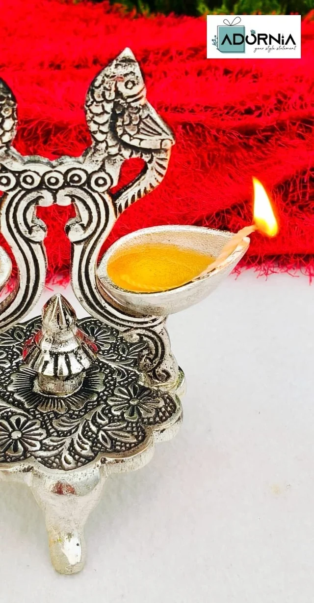 Antique German Silver Double Parrot Diya - 7 Inch