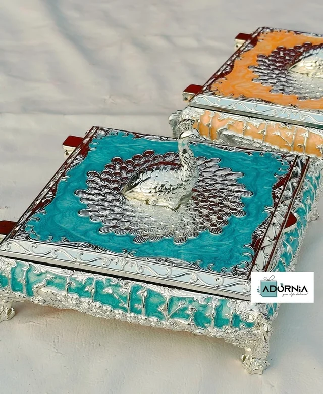 German Silver Square Peacock Enamel Dryfruit Box - Single Piece