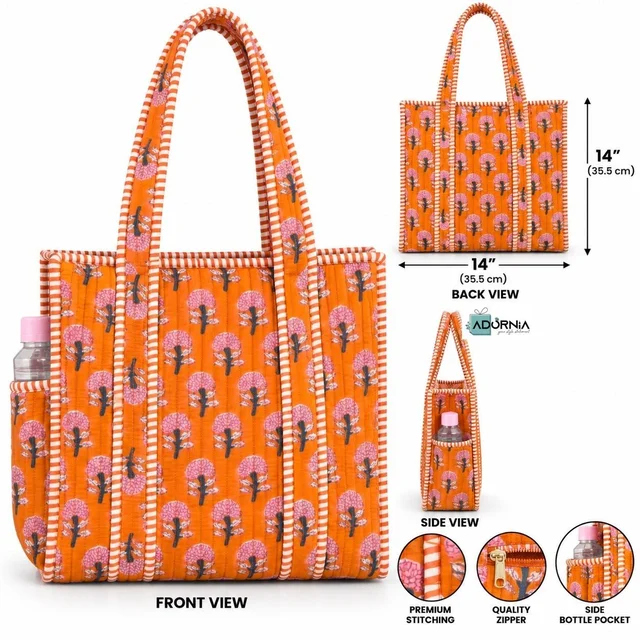 Cotton Quilted Hand Block Jhola Bag - 14 x 14 Inch - Orange Floral