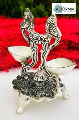 Antique German Silver Double Parrot Diya - 7 Inch