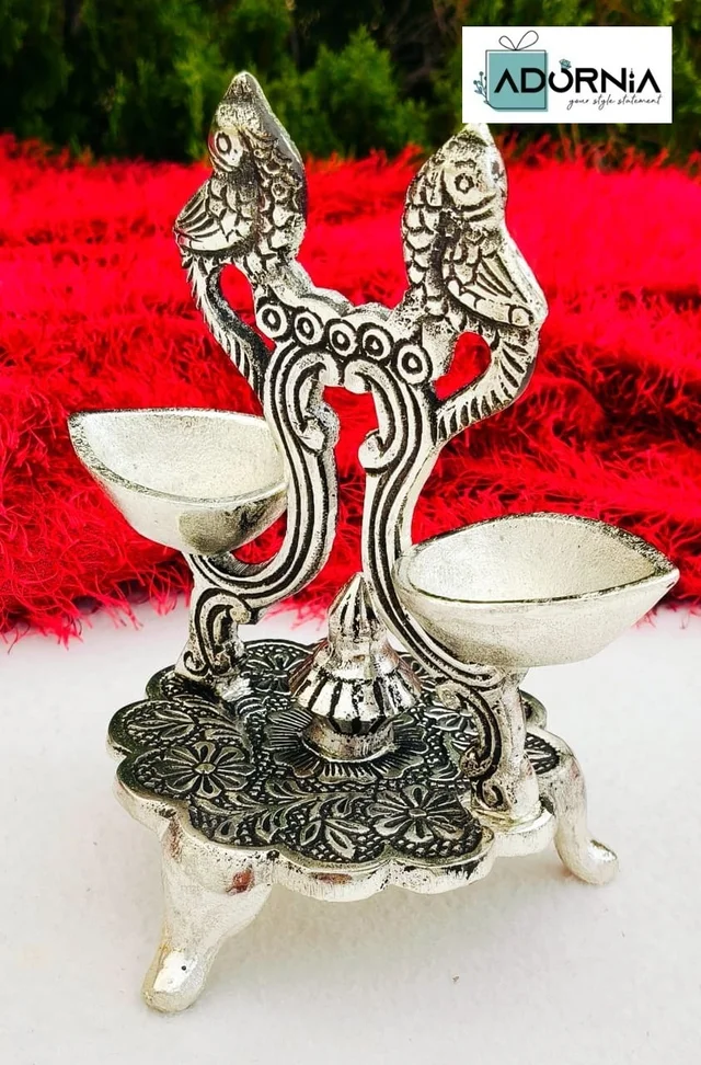 Antique German Silver Double Parrot Diya - 7 Inch