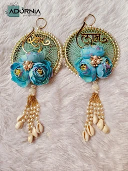 Shubh Labh String Art Rose Hanging Pair with Cowrie Tassels - Red