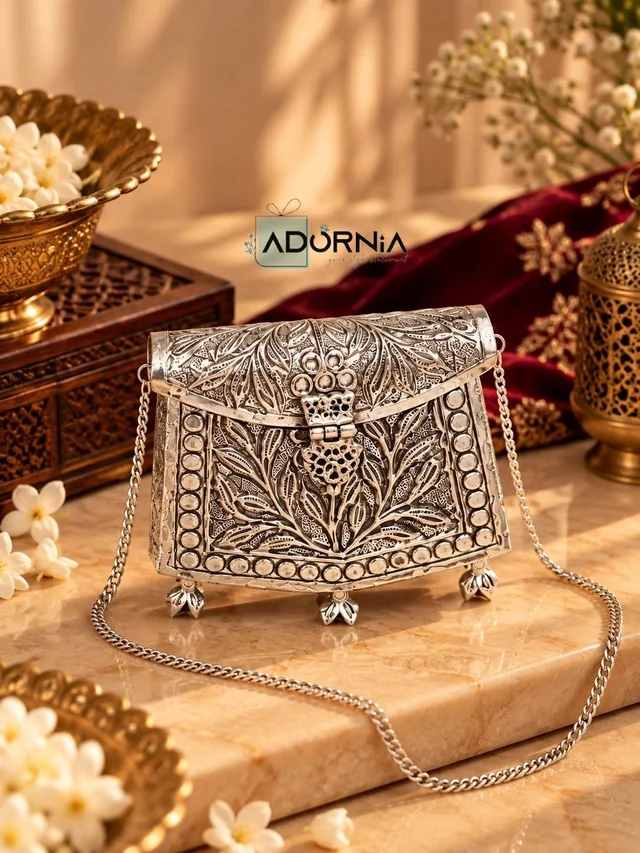 German Silver Leaf Design Mini Purse with Ghungroo