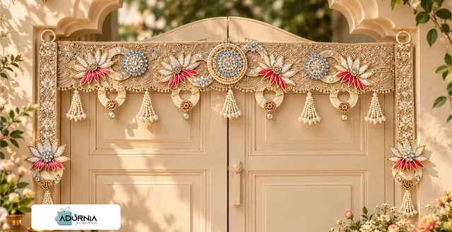 Pearl & Kundan Lotus Bandarwar + Side Hangings Combo