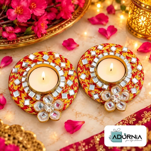 Braided Kundan Mirror Tealight Holder Pair (MOQ 12 pcs - 6 pairs)